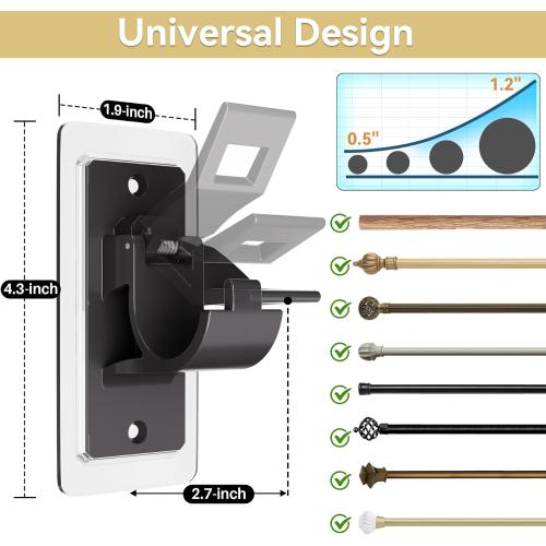 8PCS No Drill Curtain Rod Bracket, Self Adhesive Curtain Rod Holders, No Hole, Multipurpose Curtain Rod Hooks for Bathroom Living Room Kitchen and Bedroom (Black)