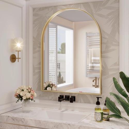 Arch Mirror, 24 x 32 Inch Gold Arch Mirror for Bathroom, Arched Wall Mirror, Aluminum Alloy Frame Gold Bathroom Vanity Mirror for Living Room Bedroom Entryway Mantel Hallways Decor