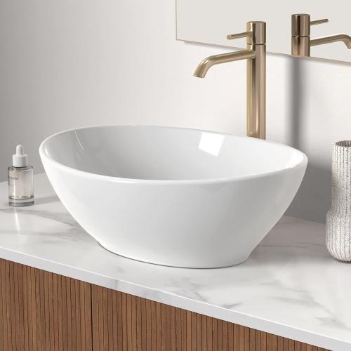 KES Bathroom Vessel Sink, Bowl Sink White Vessel Sink Oval Bathroom Sink 16 x 13 Countertop Modern Egg Shape Above Counter Bathroom Vanity Sinks Bowl, BVS124