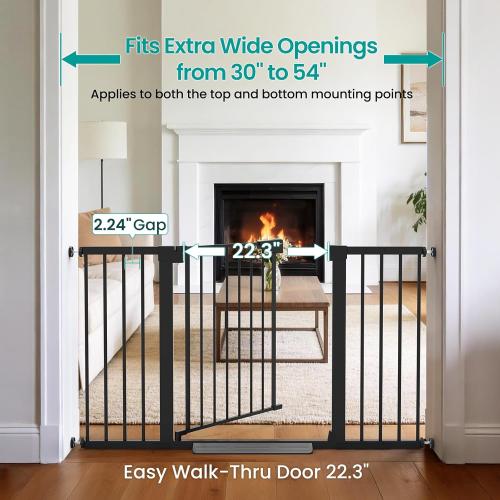 Cumbor 30-54 Extra Wide Baby Gate for Stairs, Dual Lock & Self-Closing Dog Gate Indoor, Easy Install Pet Gate for Doorways, Hallways & Kitchen, Easy Walk Thru Safety Proofing for Babies & Pets, Black