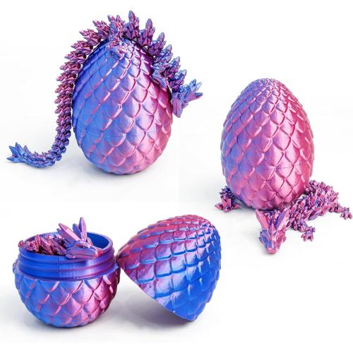 3D Printed Dragon Easter Basket Stuffers - Red Blue - 12 Flexible Crystal Dragon with Egg, Unique Easter Toy Gift for Kids&Adults, Fidgets, Desk Pet Figure