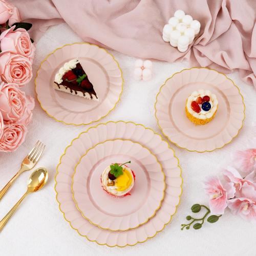 YOUBET 60PCS Pink Scalloped Plastic Plates - Hard Pink and Gold Fancy Disposable Plates include 30 Gold Dinner Plate, 30 Dessert Plate for Party & Wedding & Baby Shower Valentines Day