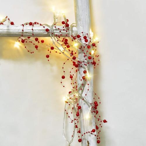 2Pack Christmas Berry Beaded Garland, 11FT/Pcs Christmas Garland with 30LED String Lights for Christmas Decorations, Fireplace Mantel Indoor Outdoor Christmas Decoration