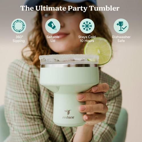 REDUCE Saltini 16oz Margarita Tumbler - Insulated Cocktail Glass with Lid | 360 sippable martini glass alternative,keeps drinks cold for 10 hours,Ocean Breeze,saltable splash-proof lid,cocktail tumbler