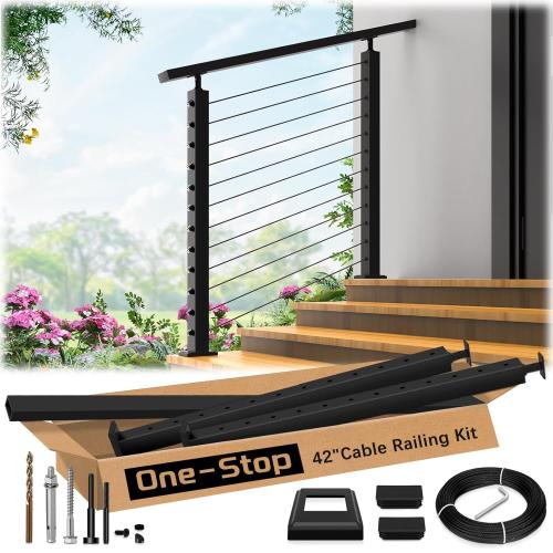 Size 2ft-4ft Color Black Complete Set 33° Drilled Cable Railing System 42 with Handrail Adjustable, T304 Stainless Steel Black Angle Cable Railing Posts Kit with 1/8 Cable Railing Hardware for 25-35° Step
