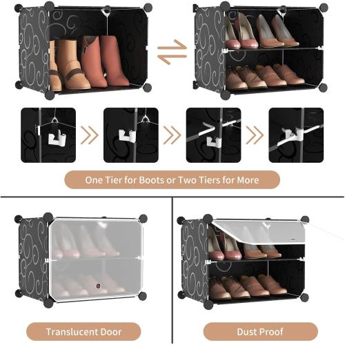 Portable 8-Tier Shoe Cabinet - 48-Pair Shoe Organizer with Expandable, Free Standing, Stackable Space Saving Design and 2 Exclusive Versatile Hooks for Bedroom