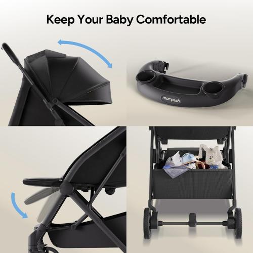 Mompush Lithe V2 Lightweight Travel Stroller, Compact Foldable Baby Stroller with Travel Bag, One-Hand Fold Stroller, Snack Tray, Mechanical Recline Seat, Airplane-Ready, UPF 50  Canopy & Rain Cover