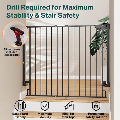 Cumbor 34 Extra Tall No Bottom Bar Baby Gate for Stairs, Wall Mounted Dog Gate Indoor for Larger Pets, Expandable 29.2-43 Safety Gate for Doorways, Wide Walk Thru Door for Easy Access (Black)