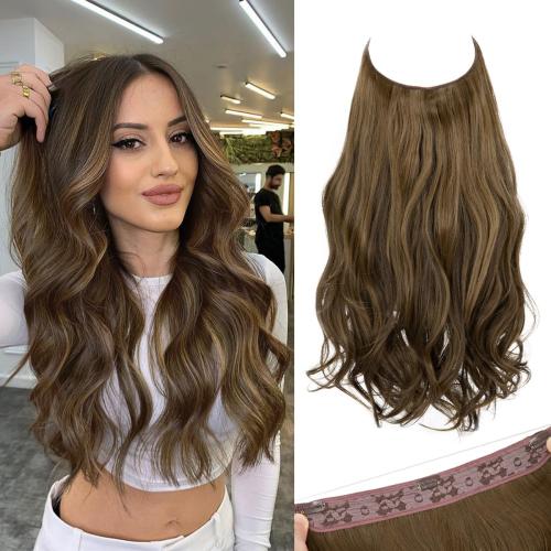 SARLA Invisible Wire Hair Extensions with 3 Clips Long Wavy Curly Synthetic Hairpiece for Women Adjustable Transparent Headband 16 Inch Coffee Brown