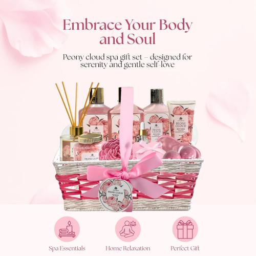 Christmas Spa Gifts for Women – Peony Cloud | 13-Piece Self Care Gift Set with Bubble Bath, Bath Bombs, Peony Diffuser, Lotion, Shower Gel, Bath Salt & More | Bath and Body Gift for Her Birthday