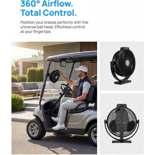 2-Pack 8-inch Magnetic Golf Cart Fan with Heavy-Duty Strap, 12000mAH Battery Operated Fan with Dual-Magnet, Bright Lighting, Compatible with EZGO Club Car Yamaha, Golf Cart Accessories, Golf Gift