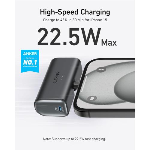 ANKER Nano Power Bank with Built-in USB-C Connector, 5,000mAh Portable Charger 22.5W, for iPhone 16/15 Series, Samsung, iPad Pro/Air, and More