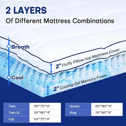 4 Inch Dual Layer Twin Mattress Topper, Cooling Gel Memory Foam for Back Pain & Pressure Relief, CertiPUR-US Certified Mattress Pad