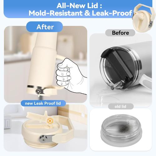 Flip Straw Lid for Stanley 30oz and 20oz, Leak Proof Top Replacement with Handle for 30&20 oz Stanley Quencher and ProTour, Detachable No Spill Lids Reusable Lids Accessories for StanleyCup, Cream