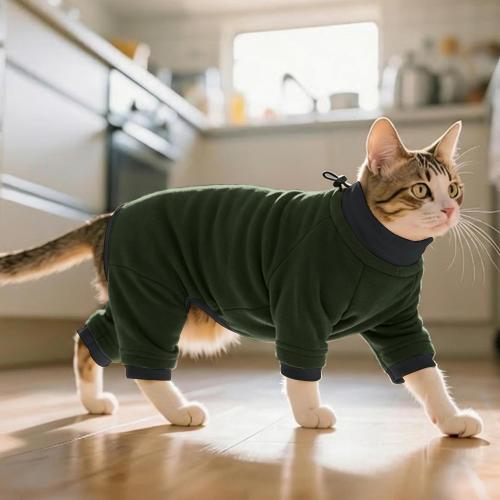 PUMYPOREITY Sticky Hair Cat Clothes, Prevent Hair Loss Cat Pajamas, Soft Cat Sweaters for Cats Only, Cat Hair Sticky Onesie, Cat Recovery Suit After Surgery, Green, S
