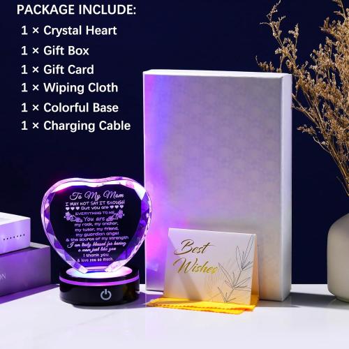 YWHL Gifts for Mom from Daughter Son Moms Mother's Day Birthday Gifts Crystal Unique to My Mom Heart Keepsakes Gift for Mother with Colorful LED Base