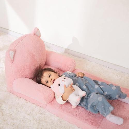 Color Pink MONKISS Kids Couch, Comfy Toddler Chair, 2 in 1 Fold Out Kids Sofa to Lounger, Baby Sleeper Chair, Toddler Furniture, Birthday Gifts for Girls, 18  Months, Pink