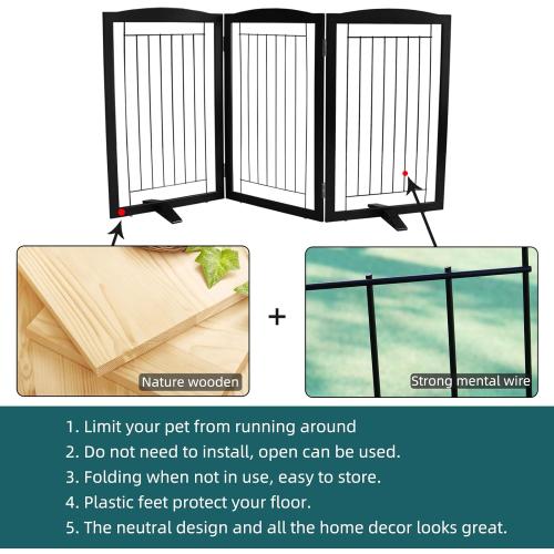 ZJSF Freestanding Dog Fence Indoor, Foldable Dog Gate for Doorways, Stairs or Hallways, Sturdy Wood Extra Wide Pet Gate with Support Feet for The House, Black, 32 Height-3 Panels