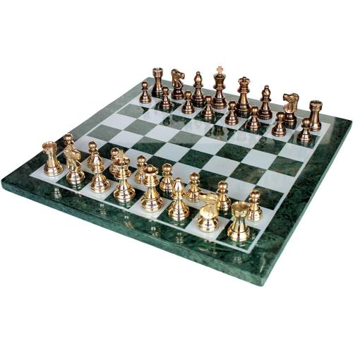 StonKraft Collectible Green Marble Chess Board Set   Brass Crafted Pieces Pawns - Decorative Stone Chess - Home Décor - 15 Inches