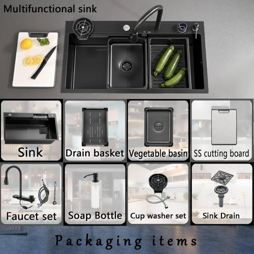 Kitchen Sink 27' Waterfall Stainless Steel Kitchen Sink with Pull-Faucet Single Bowl Bar sinks Adjustable temp 27x18 inches Sinks