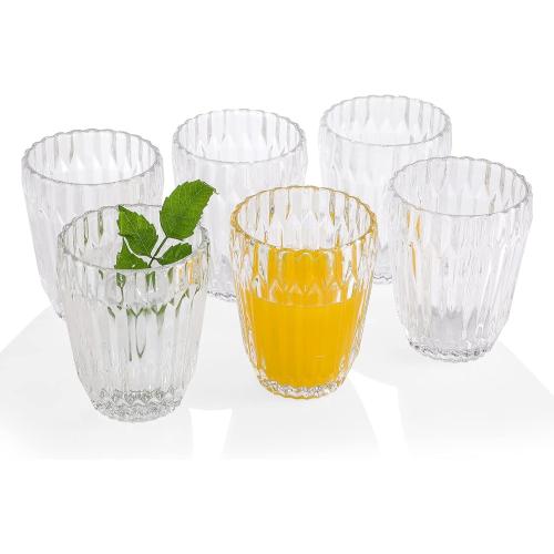 Everest Global Orogami Juice Glasses 9.3 oz. set of 6 from 1500 C Tabletop Stripe Cup Old Fashion Tumbler Antique European Style woman Drinking Water Glassware Whiskey Iced-tea Beverage Milk Soda Coke for Home