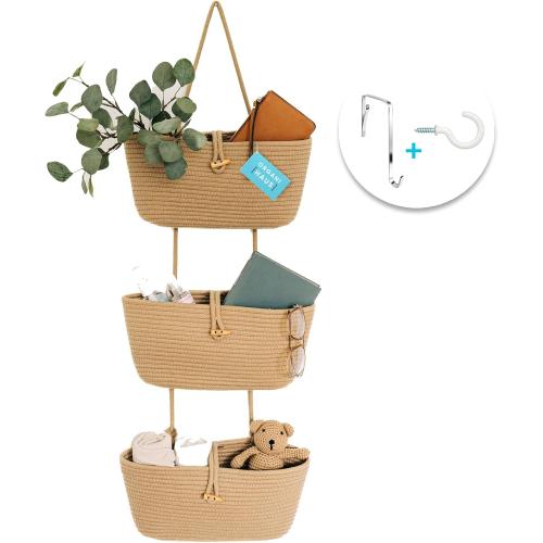 OrganiHaus Over the Door Hanging Basket for Organizing, 3-Tier Hanging Wall Basket for Storage, Boho Nursery Decor for Wall, Behind Door Wall Storage, Wall Organizer for Office, Wall Toy Storage Honey