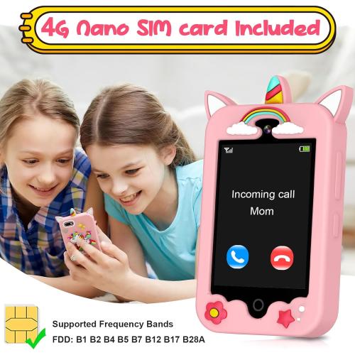 ele ELEOPTION 4G Smart Phone for Kids Toys with SIM Card, Touchscreen Toy Phone Interactive GPS Cell Phone for 3 4 5 6 7 8 9 10 Year Old Girls Boys Christmas Birthday Calling Smartphone Gifts Pink