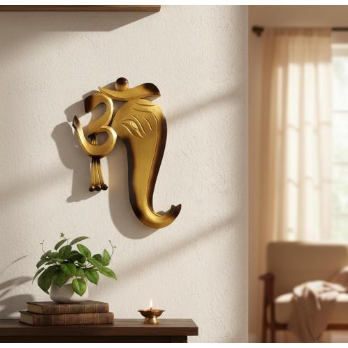 eSplanade Ganesha Ganesh Wall Door Hanging | OM Aum Wall Hanging | Decorative Accessories - Home Decor | Wood - 11.5 Inches - Golden