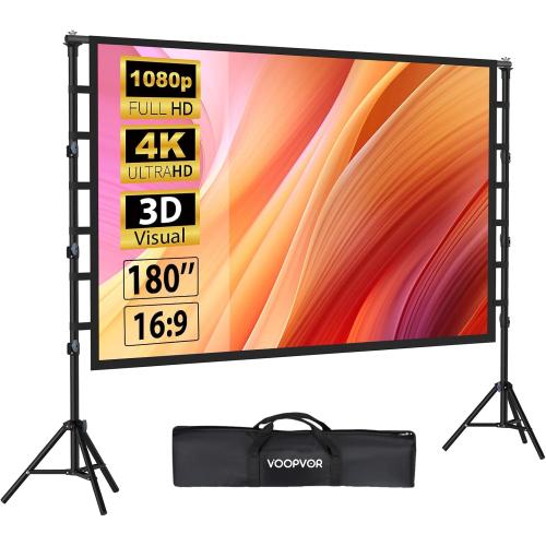 180 Inch Outdoor Projector Screen with Stand: VOOPVOR Portable Projection Screen and Stand, Indoor Rear Front Movie Screen 16:9 4K HD, with Carry Bag, Height Adjustable for Home Theater RVs Camping