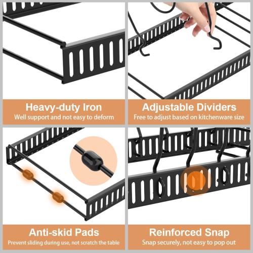 Housolution Pot and Pan Organizer Rack for Cabinet, Expandable Pot Lid Organizer Holder with 14 Adjustable Dividers, Fully Expanded Size 22.83 W x 7.09 D x 7.09 H, Black