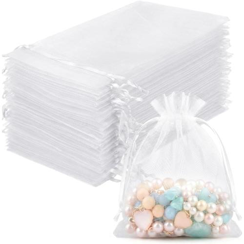 FUNFERY 100Pcs White Organza Bags 3x4 in,Small Mesh Drawstring Gift Bag