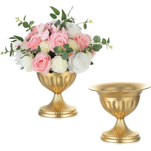 Sziqiqi Gold Metal Urn Compote Vase, Flower Wedding Centerpieces, 2Pcs