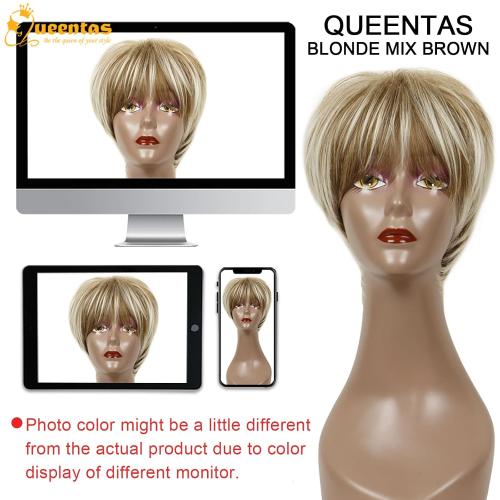 QUEENTAS Pixie Layered Short Blonde Wigs for White Women Black Women Synthetic Hair (Blonde Mixed Brown)