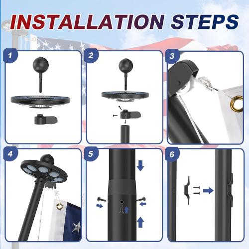 Upgraded 10 Gauge 20FT Heavy Duty Flag Pole Kit with 136 LED Solar Light, Extra Thick Flagpole for Outside House in Ground, Bottom 3 mm Thick & Width 3.35 in, 120MPH Wind Rated