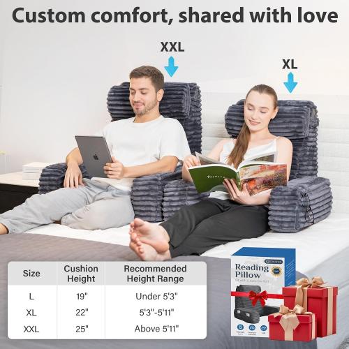 ENITYA 22 XL Back Pillow for Bed Sitting Up, Reading Pillow with Armrests & Big Pockets, Soft Back Support Chair, Ideal for Watching TV, Gaming, Nursing, Resting, Post Surgery, Dark Grey