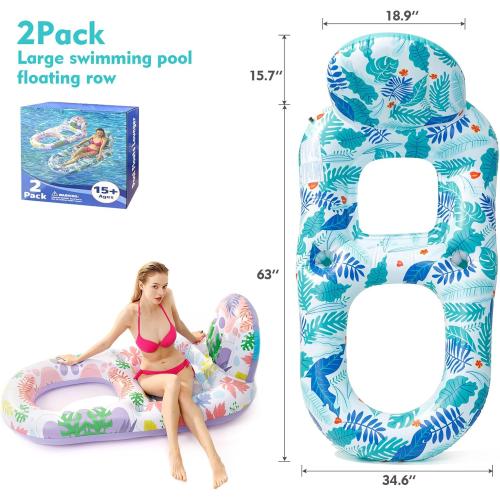 2 Pack Pool Floats Adult Heavy Duty-Adult Pool Float Lounger with Cup Holders, Backrest & Footrest Pool Lounge Float Pool Floaties Rafts for Beach Lake Party(Pink, Blue)
