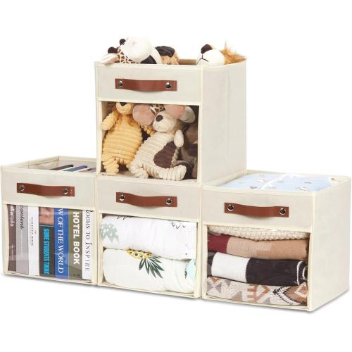 Cream and Brown HNZIGE 11 Inch Cube Storage Bin - Fabric Storage Organizer, Clear Canvas Collapsible Cubby for Home (Cream, 4 PCS)