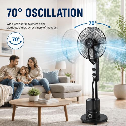 16 Misting Pedestal Fan with 4L Humidifier | 70° oscillating fan with 3 speeds, AC copper motor, anti-dry burn protection, and wheels for home, office, or bedroom use.