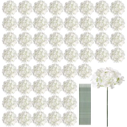 Auihiay 64 PCS Artificial Hydrangea Flowers, Silk Hydrangea Full Flowers Heads with Stems for Wedding Centerpieces, Home, Garden, Baby Shower, Party Decoration (Ivory)