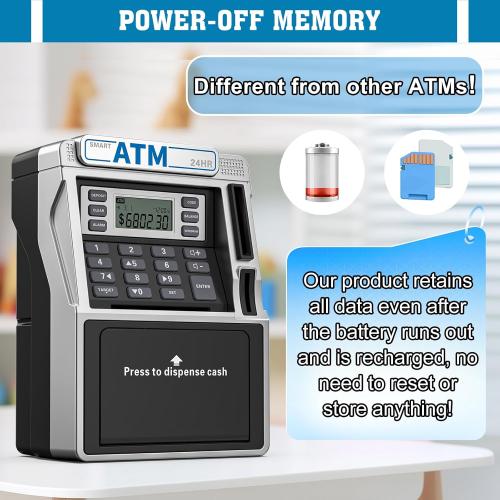 ATM Piggy Bank for Kids Rechargeable, Power-Off Memory for Real Money Safe with Debit Card, Coin Recognition,Bill Feeder,Balance Calculator, Kids ATM Machine for Boys Girls
