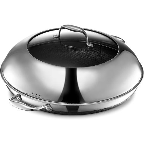 HexClad Hybrid Nonstick 5-Piece Cookware Set, 14 Pan with Lid, 14 Wok with Lid, and 12 Griddle, Stay-Cool Handles, Dishwasher and Oven-Safe, Induction Ready, Compatible with All Cooktops