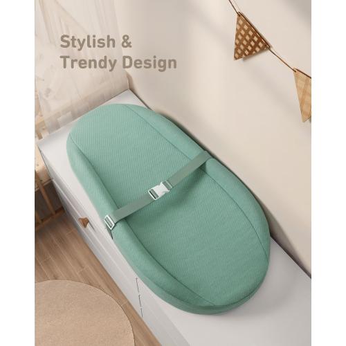 (Color Tan) Contoured Changing Pad with Soft & Washable Cover, Waterproof Lining Foam Baby Changing Table Pads for Dresser Top, Secure with Security Strap and Two High Curved Sides, 32”×16”,