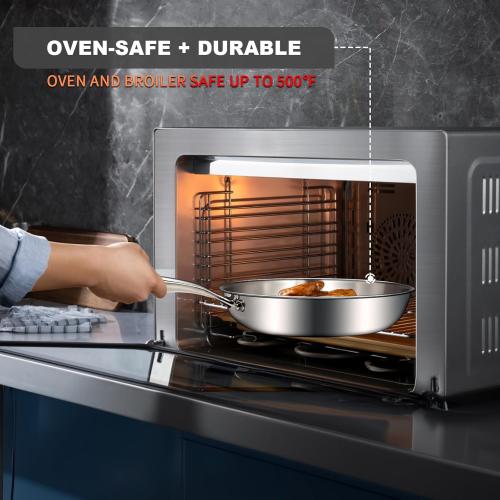 EWFEN 12 Inch Tri-Ply Stainless Steel Frying Pan, Compatible with All Cooktops Up to 600℉, Large Frying Pan Induction-Ready Skillet, Dishwasher and Oven Safe, Even Heat, 12 Skillet