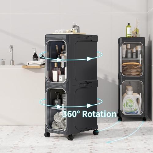 Size  4-Tiers Color Black KHNR Slim Bathroom Storage Cabinet, Foldable Storage Cabinets,Narrow Bathroom Storage,Movable Bathroom Storage Organizer for Small Spaces,Bathroom,Kitchen,Laundry,Black