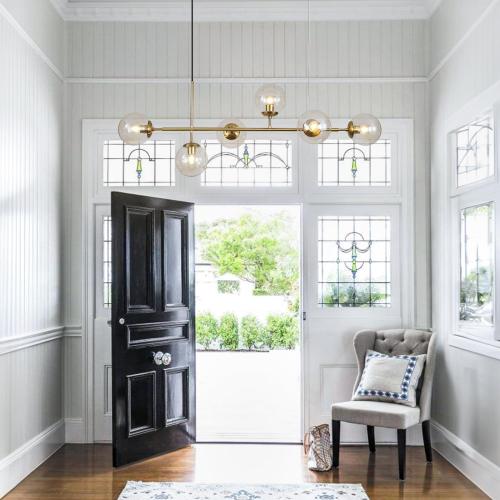 KCO Lighting Globe Linear Chandelier 6 Light Amber Glass Pendant Light Fixture Gold Kitchen Island Lighting Long Brass Sputnik Chandelier Dining Room Light Fixtures Over Table