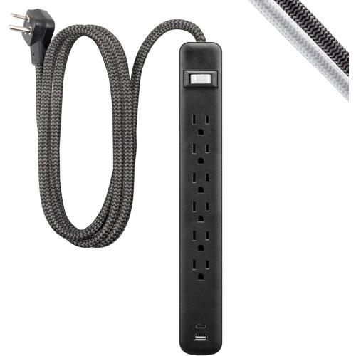 GE 6-Outlet Power Strip with USB, 1 USB-A, 1 USB-C, Outlet Extender, 6 Ft Braided Extension Cord, Flat Plug, Charging Station, Black, 82595