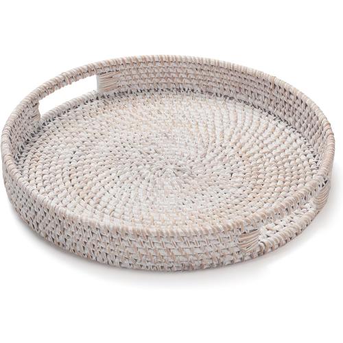 Round Rattan Tray, Decorative Coffee Table Trays, Ottoman Tray, Woven Serving Tray with Handles, Wicker Serving Basket, Whitewash