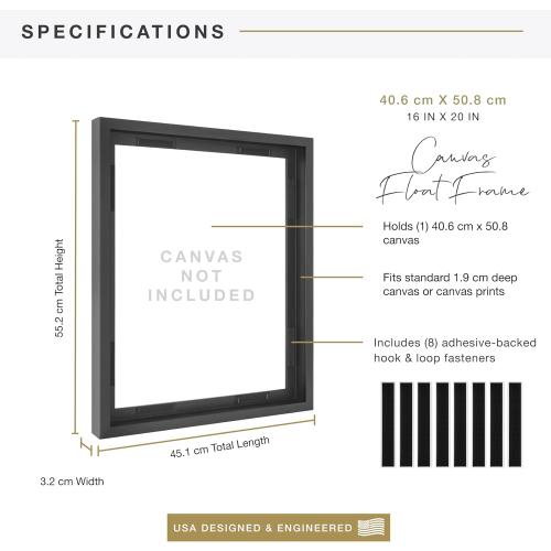 MCS Canvas Float Frames 16x20 Canvas Black Finish Frame, Vertical & Horizontal Wall Hanging Large Frame for Canvas Paintings (1-Pack)