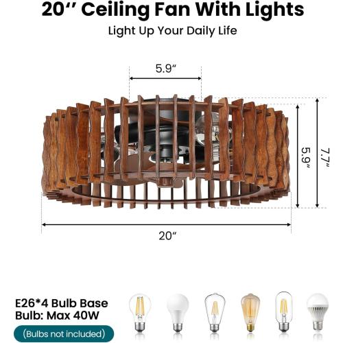 20 Flush Mount Ceiling Fan with Light, Wooden Caged Low Profile Fandelier with Remote, 6-Speed Reversible Bladeless Fan, Farmhouse Ceiling Fan for Bedroom, Kitchen, Living Room