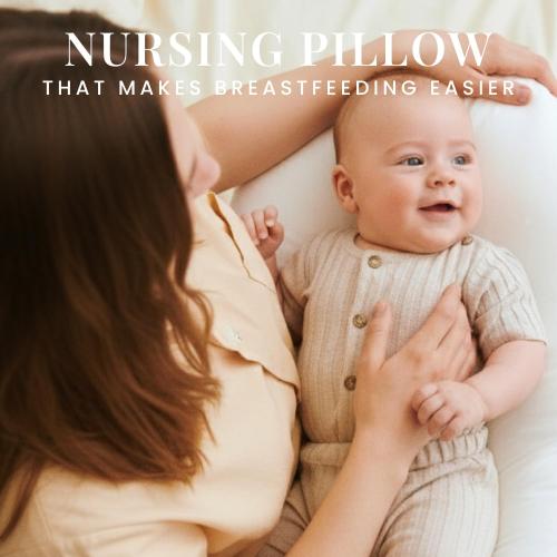 Nursing pillow with a 100% cotton satin cover. Firm maternity pillow for breastfeeding and support. Multi-purpose comfort during pregnancy and postpartum. Boomerang design by Nordic Sleep.